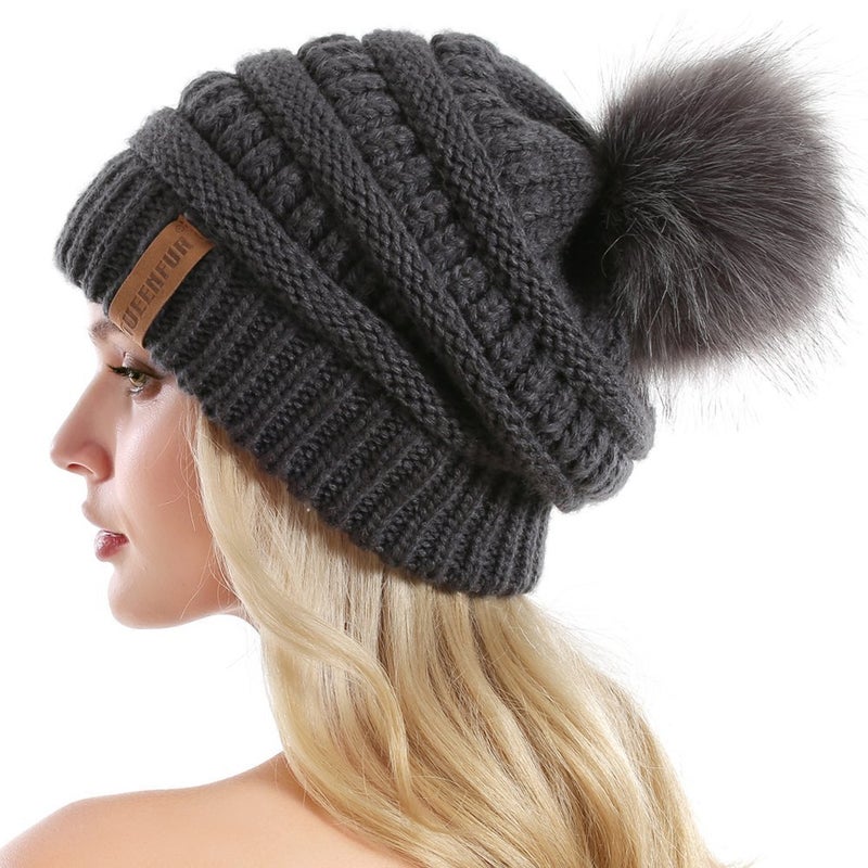 QUEENFUR Women Knit Slouchy Beanie Chunky Baggy Hat with Faux Fur Pompom Winter Soft Warm Ski Cap - Image 1